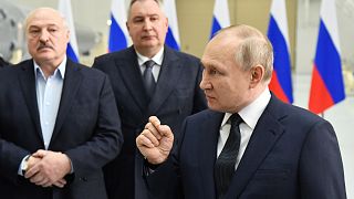Russian President Vladimir Putin, right, Belarusian President Alexander Lukashenko, left, and Russian Roscosmos head Dmitry Rogozin at the Vostochny cosmodrome.