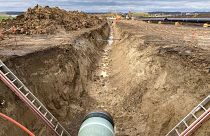A photo taken on April 7, 2022 shows the contruction site of the Baltic Pipe gas pipeline in Middelfart, Denmark.