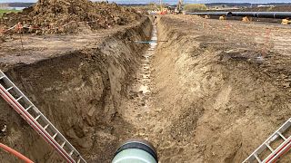 A photo taken on April 7, 2022 shows the contruction site of the Baltic Pipe gas pipeline in Middelfart, Denmark.