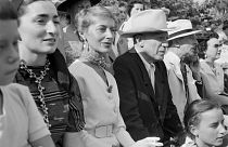 Pablo Picasso (3rd L), his model Jacqueline Roque Hutin (L), French socialite Francine Weisweller (2nd L) and poet Jean Cocteau during a bullfight