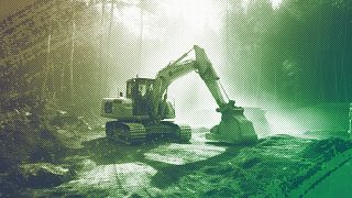An illustration of an excavator amid deforestation
