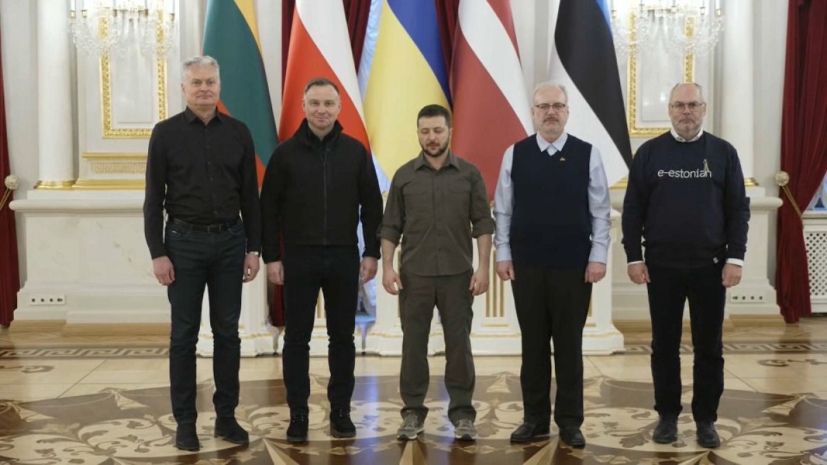 Presidentes da Polónia, Estónia, Letónia e Lituânia com Volodymyr Zelenskyy.