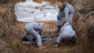 Equipas forenses recolhem cadáveres de vala comum em Bucha, Ucrânia