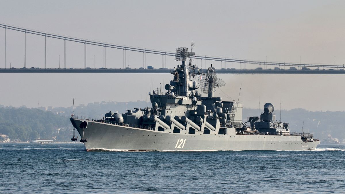 The Russian Navy's guided missile cruiser Moskva sails in the Bosphorus, on its way to the Mediterranean Sea, in Istanbul, Turkey June 18, 2021.