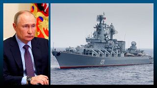 A g. : le président russe Vladimir Poutine (Moscou, le 14/04/2022) / A dr. : le croiseur russe Moskva en Méditerranée, au large de la Syrie (le 17/12/2015)