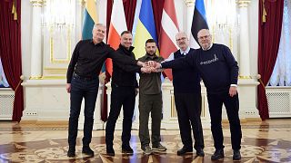 Soldan itibaren Litvanya lideri Gitanas Nauseda, Polonya lideri Andrzej Duda, Ukrayna lideri Vladimir Zelenskiy, Letonya lideri Egils Levits, Estonya lideri Alar Karis