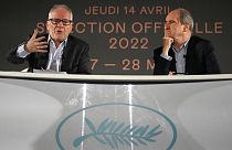 Le délégué général Thierry Fremaux et le président Pierre Lescure annoncent le programme du 75ème festival de Cannes, à Paris  le 14/04/2022