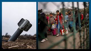 A g. : débris d'un missile près de Dnipro (Ukraine), le 12/04/2022 // Réfugiés ukrainiens à la frontière polonaise, le 15/04/2022