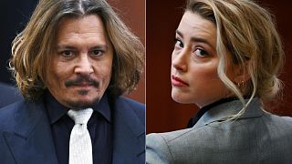 Composite image shows Johnny Depp and Amber Heard inside the courtroom for Depp’s libel suit against Heard at the Fairfax County Circuit Court on 12 April, 2022 