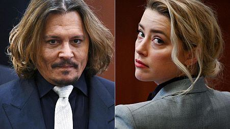 Composite image shows Johnny Depp and Amber Heard inside the courtroom for Depp’s libel suit against Heard at the Fairfax County Circuit Court on 12 April, 2022