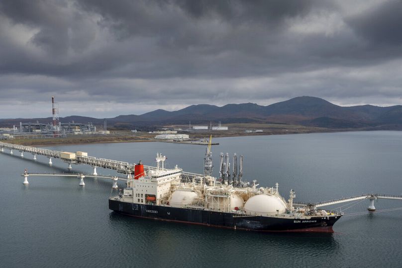 The tanker Sun Arrows loads its cargo of liquefied natural gas from the Sakhalin-2 project in the port of Prigorodnoye, Russia, October 2021