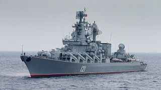 Russian missile cruiser Moskva is on patrol in the Mediterranean Sea near the Syrian coast on Dec. 17, 2015