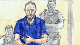 A court sketch of Salah Abdeslam testifying at the trial on Thursday.