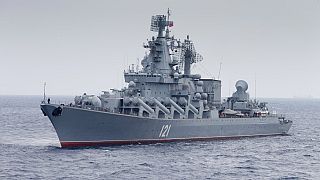 In this photo provided by the Russian Defense Ministry Press Service, Russian missile cruiser Moskva is on patrol in the Mediterranean Sea near the Syrian coast in 2015.