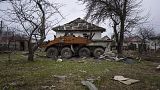 A Russian armoured fighting vehicle destroyed during the war with Ukraine is seen at the residential area in Yahidne