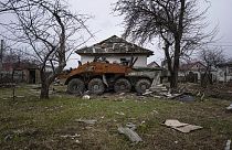 A Russian armoured fighting vehicle destroyed during the war with Ukraine is seen at the residential area in Yahidne