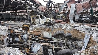 Vista de una parte de la planta metalúrgica de Illich Iron & Steel Works destruida durante un intenso combate, 16/04/2022, Mariúpol, Ucrania
