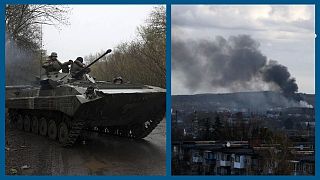 A g. : Soldats ukrainiens dans la région de Kharkiv (le 18/04/2022) / A dr. : après les bombardements sur Lviv (ouest de l'Ukraine), le 18/04/2022