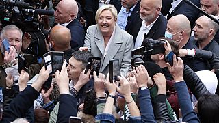 French far-right leader and presidential candidate Marine Le Pen campaigns, Monday, April 18, 2022 in Saint-Pierre-en-Auge, Normandy. 