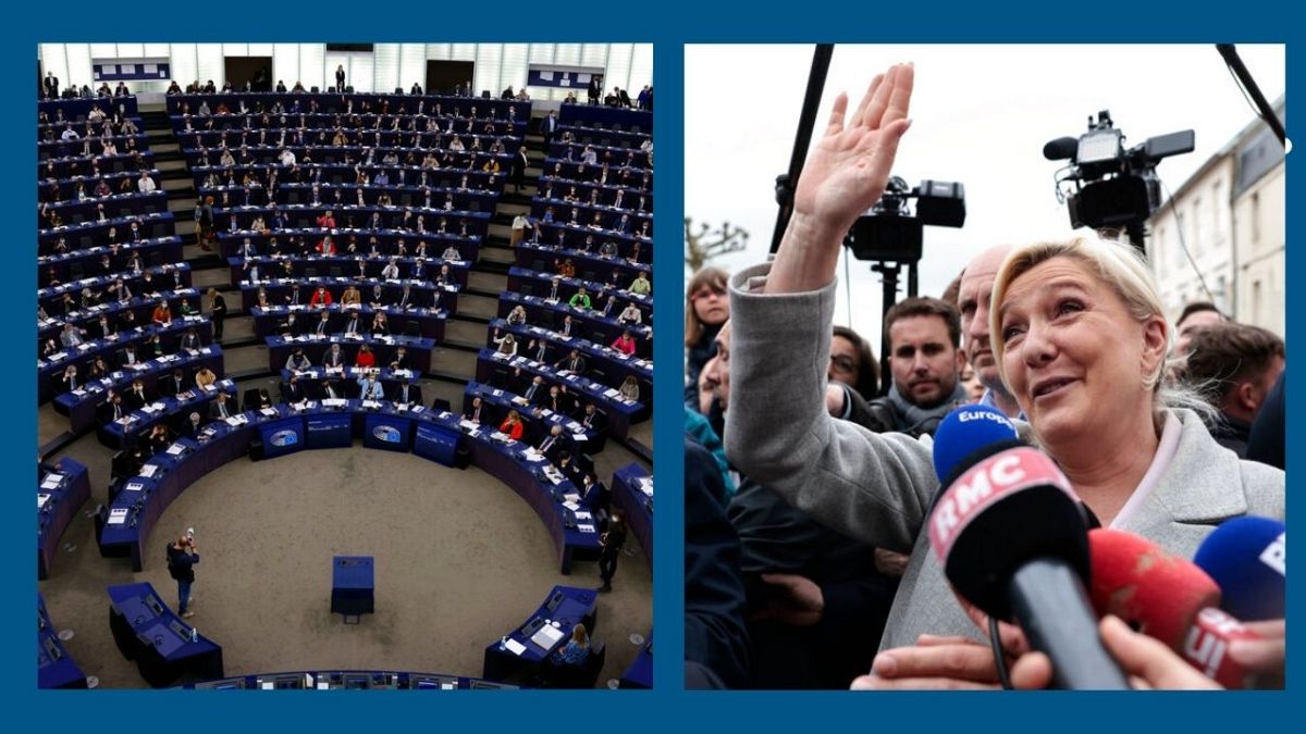 A g. : parlement européen à Strasbourg (05/04/2022) / A dr. : Marine Le Pen en campagne à St-Pierre-en-Auge, Normandie (18/04/2022)