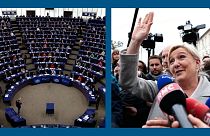 A g. : parlement européen à Strasbourg (05/04/2022) / A dr. : Marine Le Pen en campagne à St-Pierre-en-Auge, Normandie (18/04/2022)