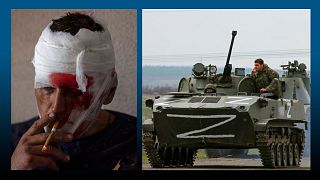 A g. : un Ukrainien blessé à Kramatorsk (est de l'Ukraine), le 19/04/2022 // A dr. : colonne de chars russes près de Marioupol, le 18/04/2022)