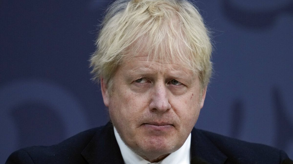 British Prime Minister Boris Johnson delivers a speech at Lydd Airport, south east England, Thursday, April 14, 2022. 