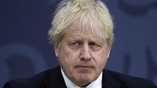 British Prime Minister Boris Johnson delivers a speech at Lydd Airport, south east England, Thursday, April 14, 2022. 