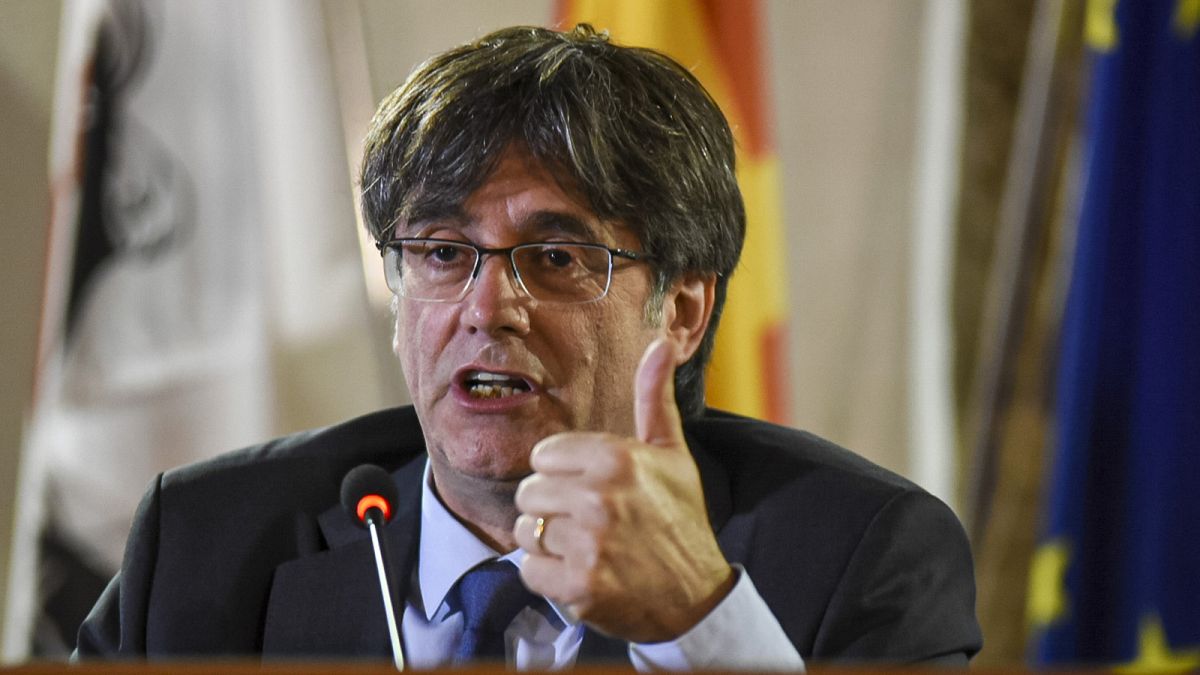 Catalan leader Carles Puigdemont speaks at a press conference in Alghero, Sardinia in October 2021