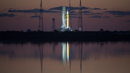 The Space Launch System (SLS) rocket with the Orion spacecraft aboard