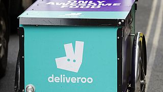 Le logo de la plateforme de livraison de repas Deliveroo, le 11 juillet 2017, Londres