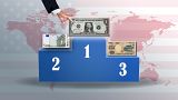 Composite image shows the three main reserve currencies on a podium: the US dollar, the pound sterling and the euro.
