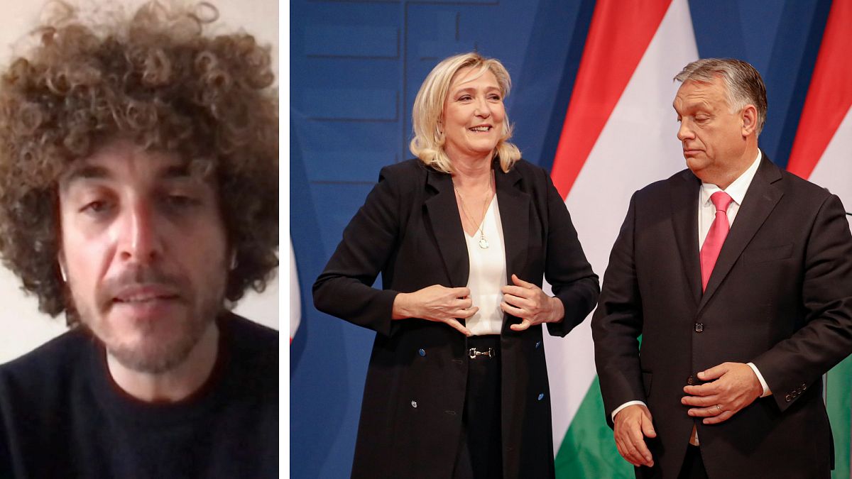 Politólogo Steven Forti e dois líderes da extrema-direita europeia, Marine Le Pen e Viktor Orbán