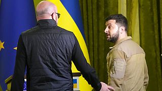 Ukrainian President Volodymyr Zelenskyy, right, and European Council President, Charles Michel talk before a news conference in Kyiv, Ukraine, Wednesday, April 20, 2022.