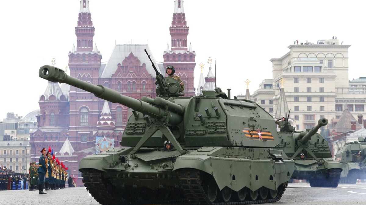 Russian 2S35 Koalitsiya-SV self-propelled howitzers roll toward Red Square during the Victory Day military parade in Moscow, 