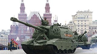 Russian 2S35 Koalitsiya-SV self-propelled howitzers roll toward Red Square during the Victory Day military parade in Moscow,