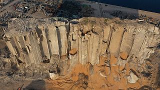 Rubble and debris near the silo that was destroyed by the massive explosion in Beirut's port.