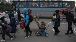 Evacuees from Mariupol at a refugee centre in Zaporizhzhia, Ukraine, Thursday, April 21, 2022. Russia is accused of forcibly deporting many Ukrainians to Russian territory.