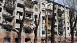 A view of a block of apartments buildings damaged by shelling in Kramatorsk, Ukraine, Friday, April 15, 2022.