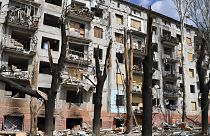 A view of a block of apartments buildings damaged by shelling in Kramatorsk, Ukraine, Friday, April 15, 2022.