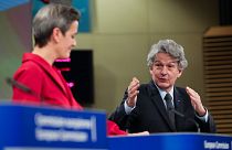 Thierry Breton (R), EU Commissioner for Internal Market, and Margrethe Vestager, Commissioner for Europe fit for the Digital Age, in Brussels, Dec. 15, 2020.