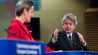 Thierry Breton (R), EU Commissioner for Internal Market, and Margrethe Vestager, Commissioner for Europe fit for the Digital Age, in Brussels, Dec. 15, 2020.