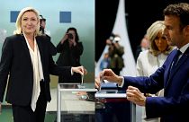الرئيس الفرنسي المنتهية ولايته إيمانويل ماكرون ومرشحة اليمين المتطرف مارين لوبن يدليان بصوتيهما في الانتخابات