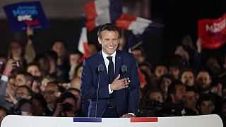 French President Emmanuel Macron gives a speech after being re-elected
