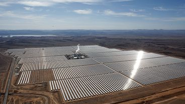An aerial view of a solar power plant in Ouarzazate, central Morocco. Feb.4, 2016. 