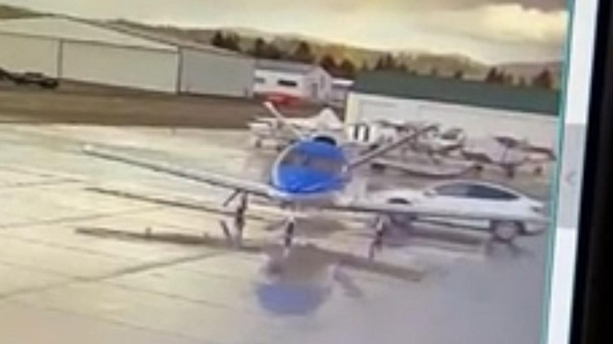 The Tesla Model Y appeared to hit the rear of the Cirus private jet, spinning it round