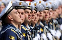 Russian sailors march during a rehearsal for a military parade marking the anniversary of the victory over Nazi Germany in World War Two in Red Square in central Moscow.