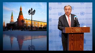 A g. : vue du Kremlin (Moscou), le 20/04/2022 // A dr. : le secrétaire général de l'ONU Antonio Guterres, le 25/02/2022