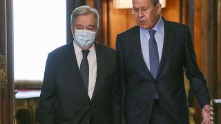 Russian Foreign Minister Sergey Lavrov, right, welcomes U.N. Secretary-General Antonio Guterres for the talks in Moscow, Russia, Tuesday, April 26, 2022.