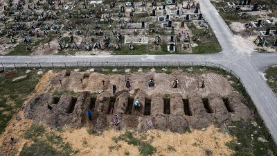 Aerial shot new graves in Bucha Cemetery